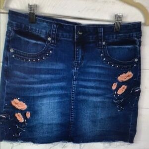 Embroidered Denim Skirt - Blue with Pink Accents